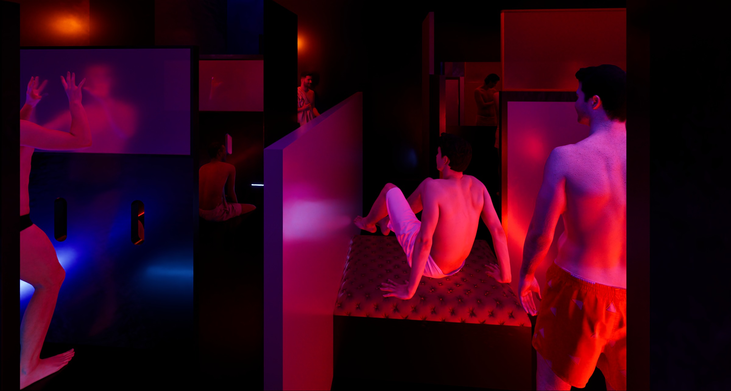 AFTER HOURS maze interior with layered translucent partitions and red, violet and blue lighting