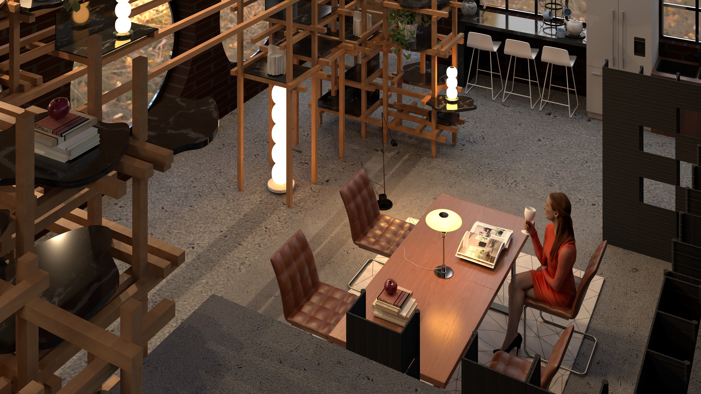 Dining area framed by timber lattice shelving and sculptural lamps