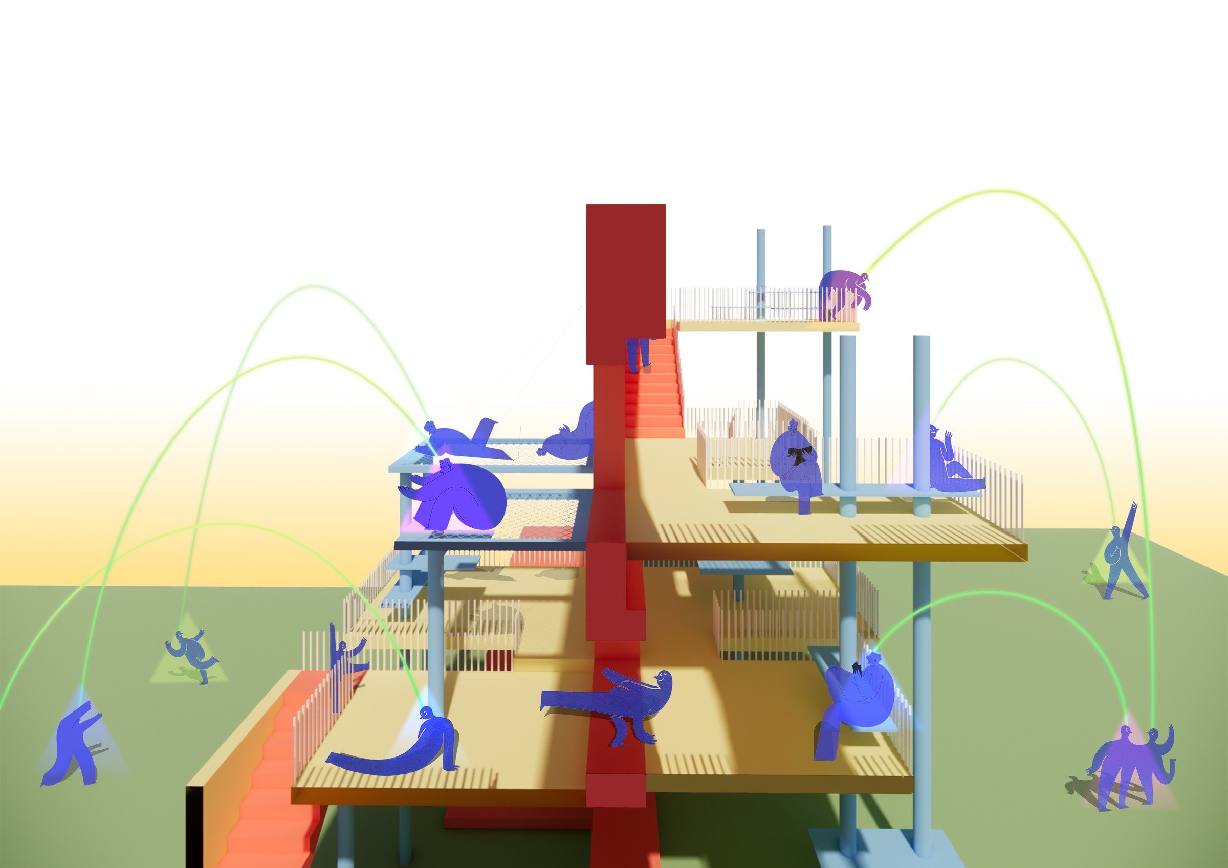 Section collage of Building 71’s façade with stacked platforms, poles and people observing, resting and connecting