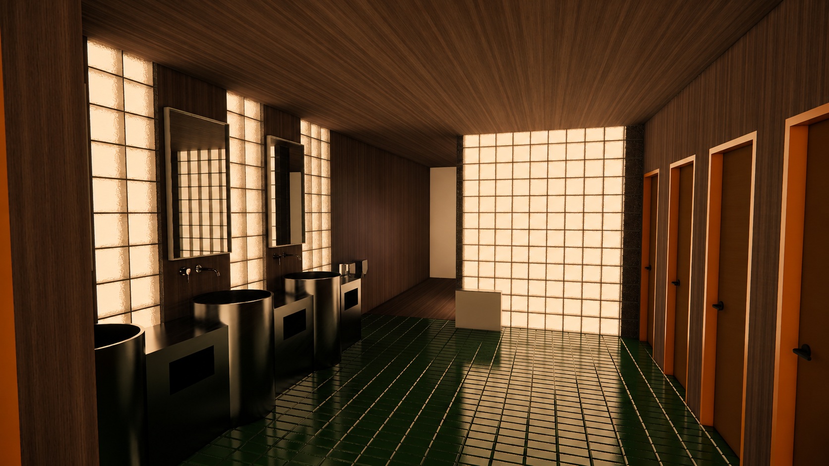 Overall bathroom interior with warm timber, green tiles, sculptural metal basins and illuminated glass blocks